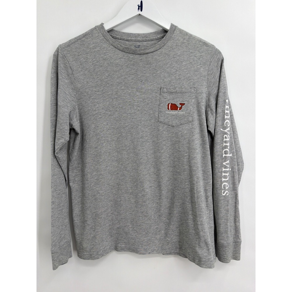 Vineyard Vines Boys Gray Football Whale Long Sleeve‎ Pocket T-Shirt Size L 16